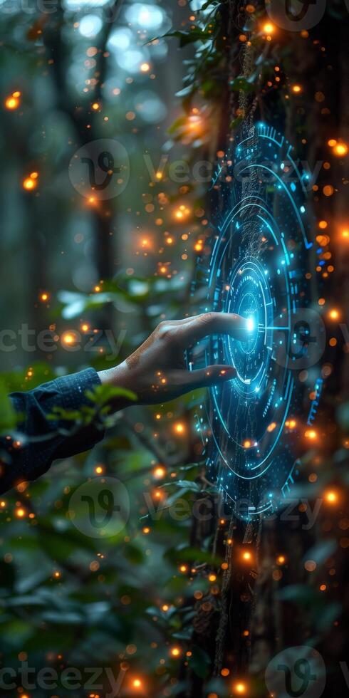 Person touching glowing circle on tree trunk in woods photo