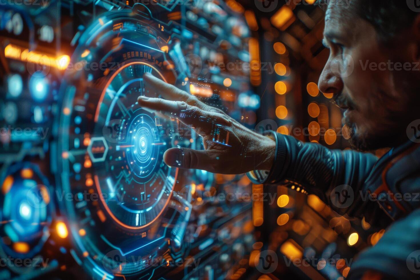 A man is interacting with a futuristic touch screen photo