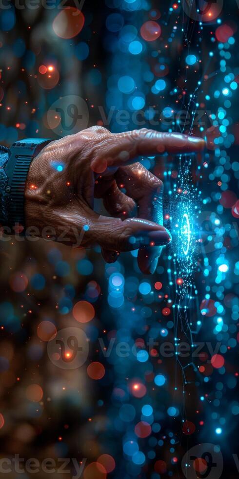 A detailed view of a persons hand touching a shimmering object photo