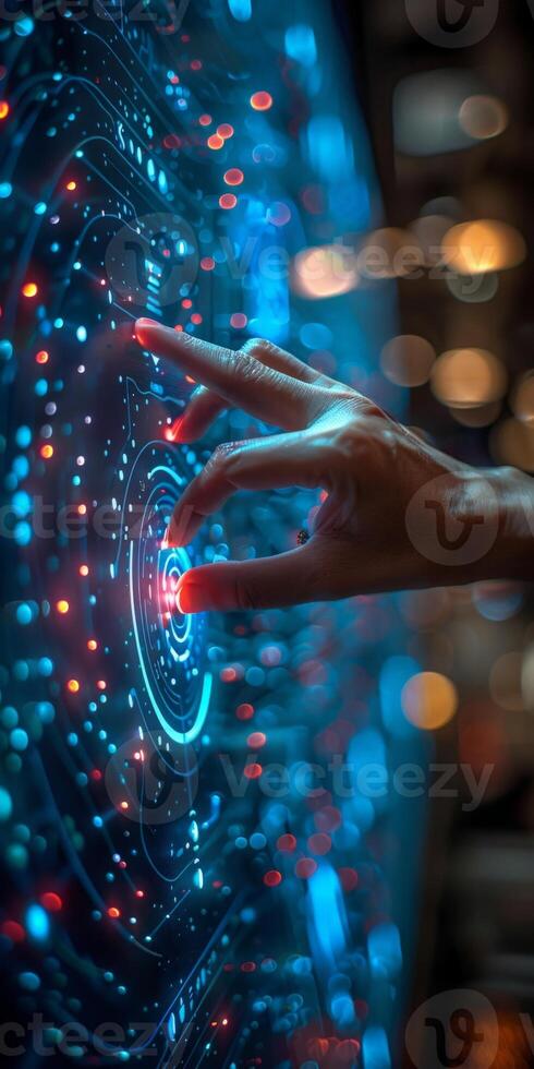 The individual interacts with a sleek display using their finger photo