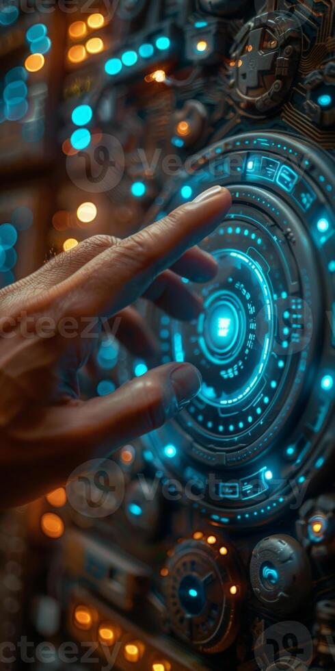 A person presses a button on a futuristic device with their finger photo