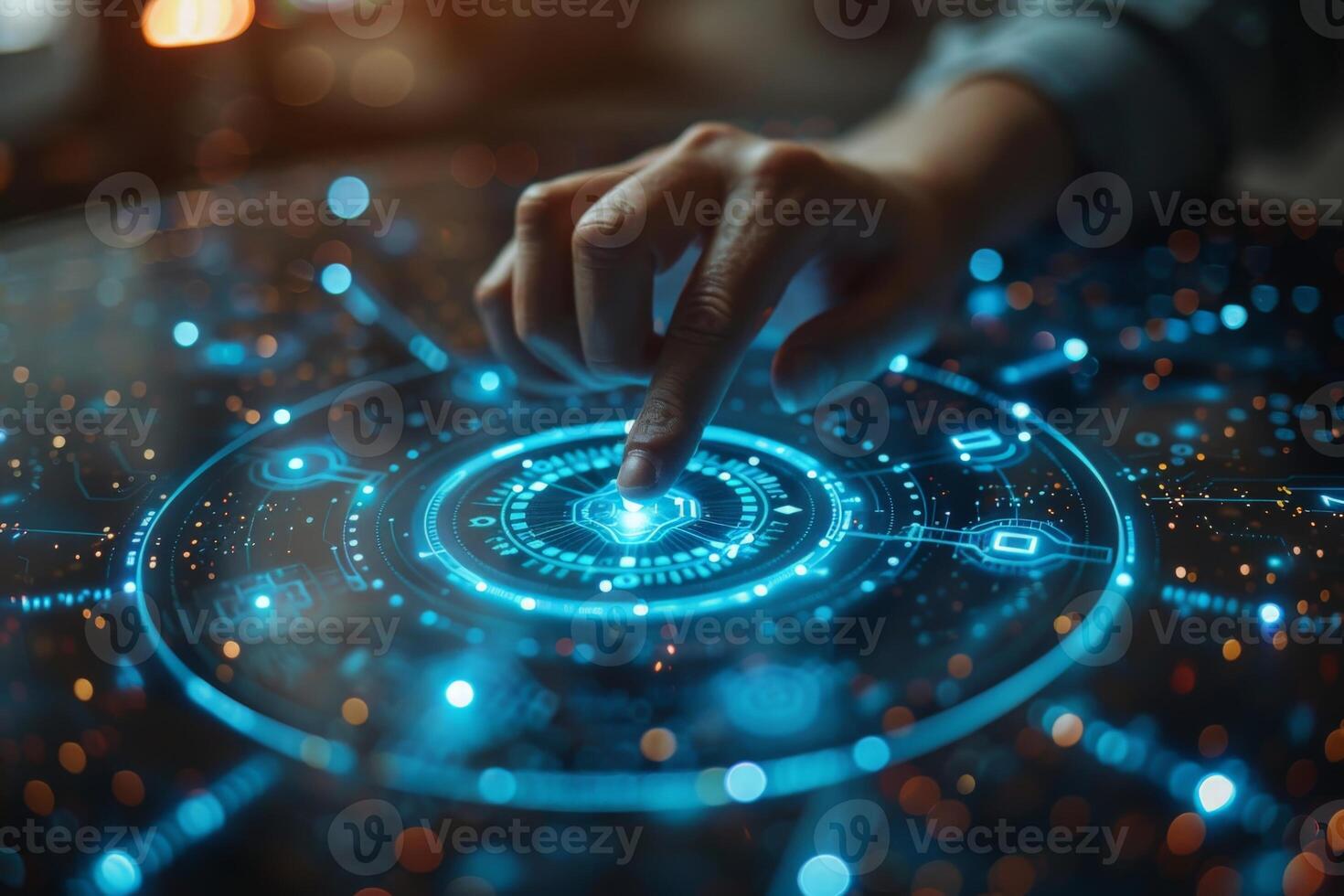 Person interacts with futuristic screen using water, music, and electronics photo