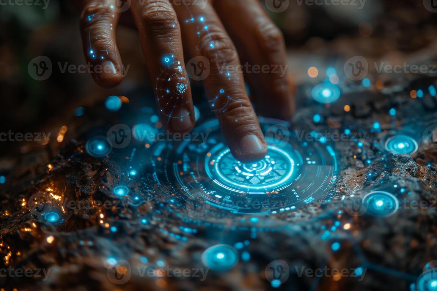 A close up of a persons hand interacting with a hightech screen photo