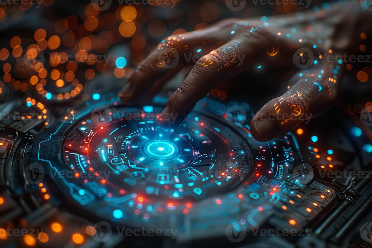 A person is using their hand to push a button on a modern gadget photo