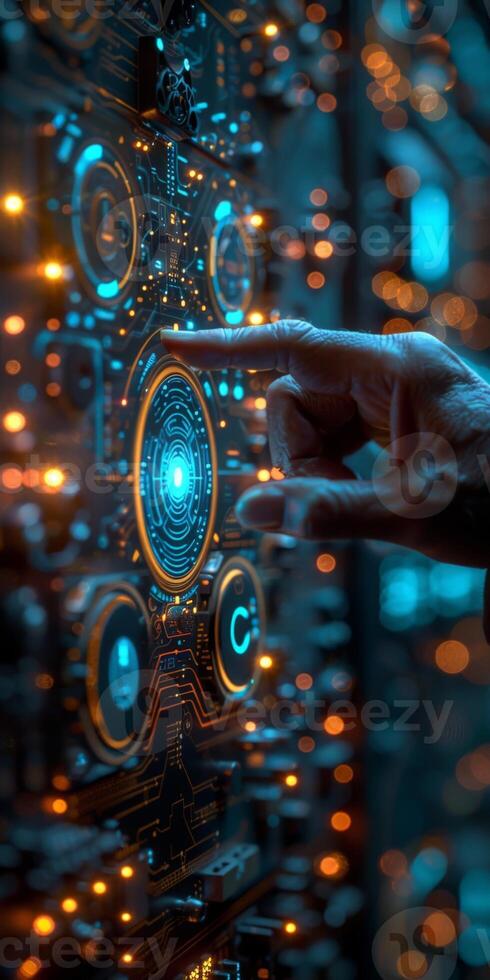 A person is interacting with a futuristic touchscreen using their finger photo