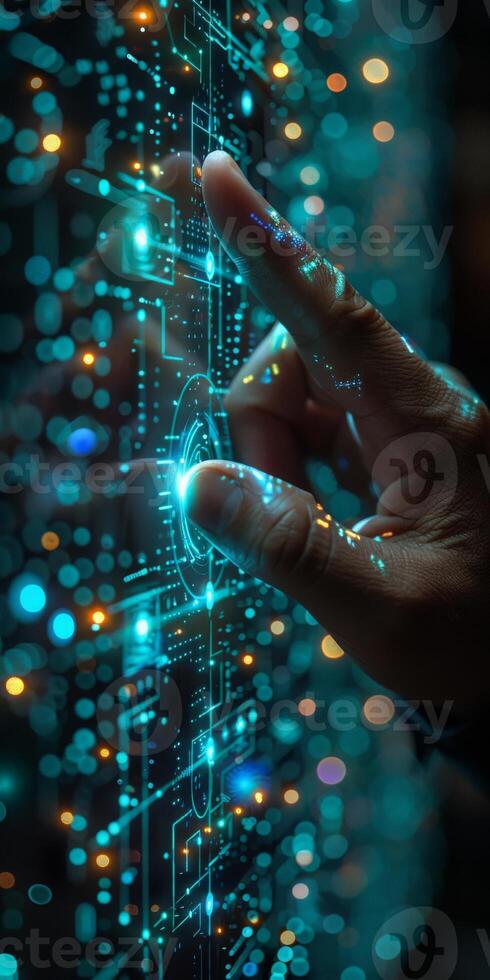 A close up of a person pressing a button on a screen photo