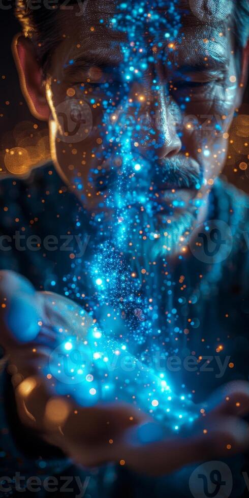 Mystical man holds sparkling particles, creating enchanting visual of magic and wonder photo