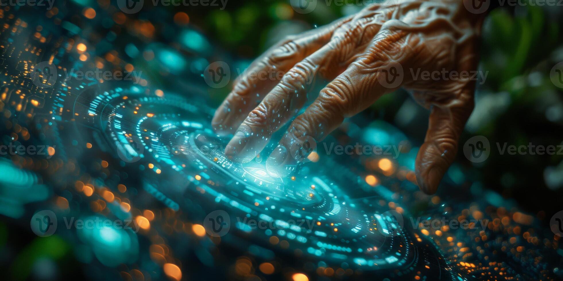 Experiencing futuristic technology with a hand interacting in a cosmic digital interface space photo