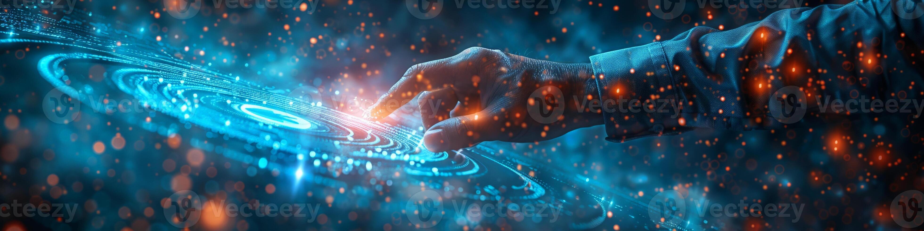 Hand presses button on screen, maybe underwater or in space photo