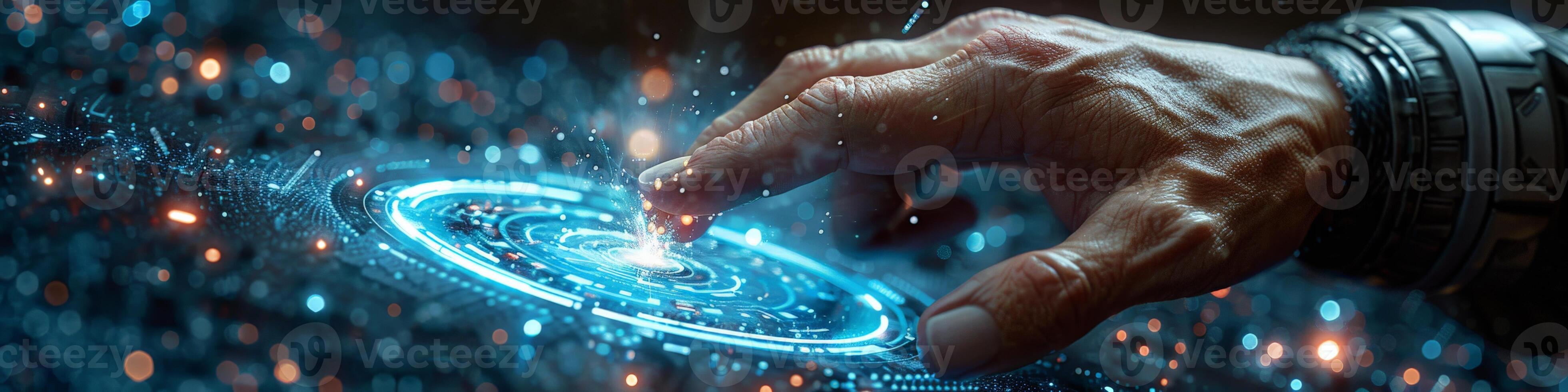 Futuristic Hand Touching Digital Interface with Glowing Touch and Cyber Innovations photo