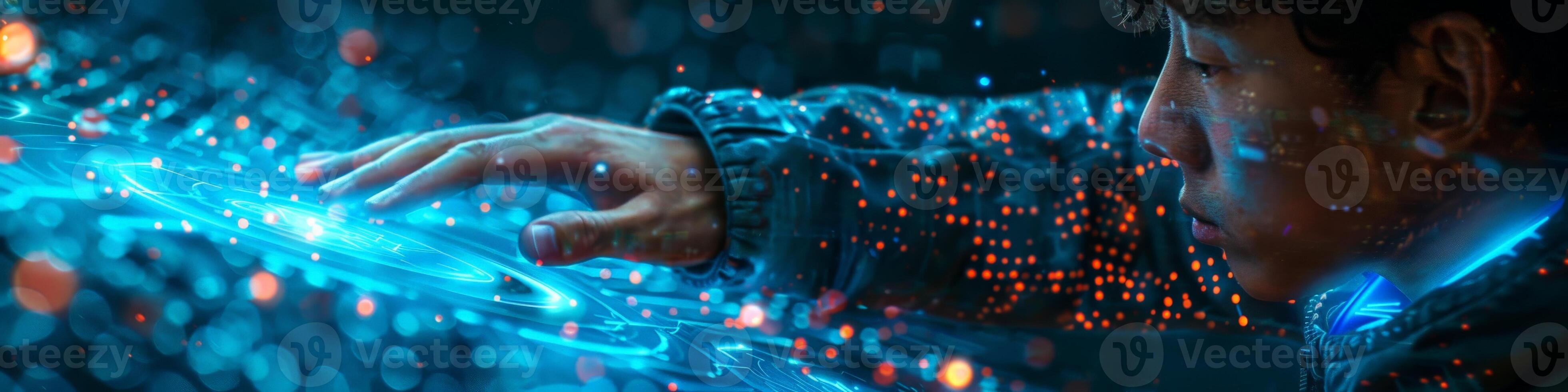 A man is using his finger to interact with a digital display photo