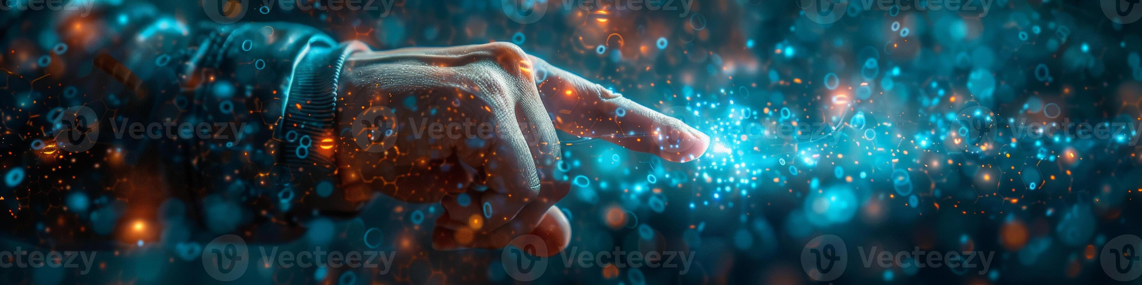 A hand is pointing at a blue background with numbers photo