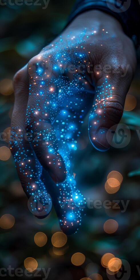 Close up of a hand with blue lights emitting from it photo
