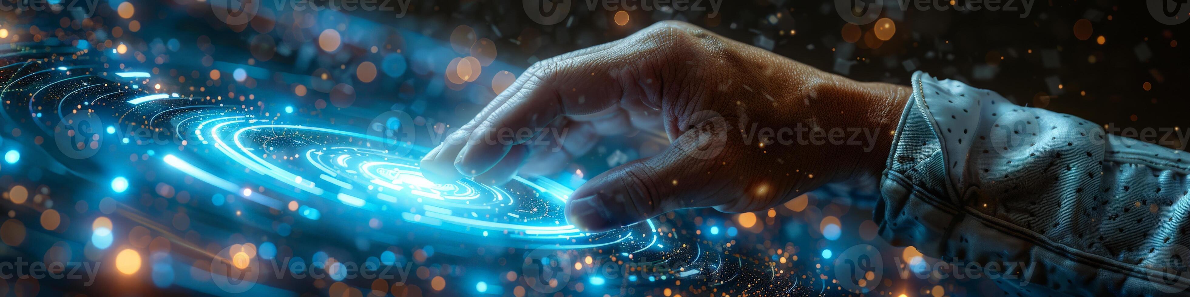 In the image, a hand is seen pressing a button on a hightech display panel photo