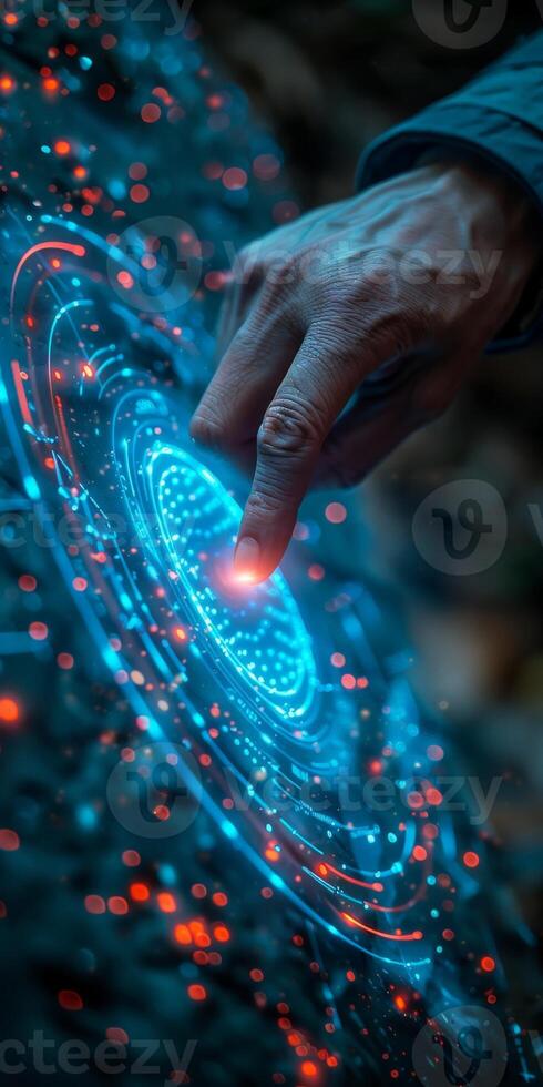Closeup of a persons hand interacting with a modern touch screen display photo