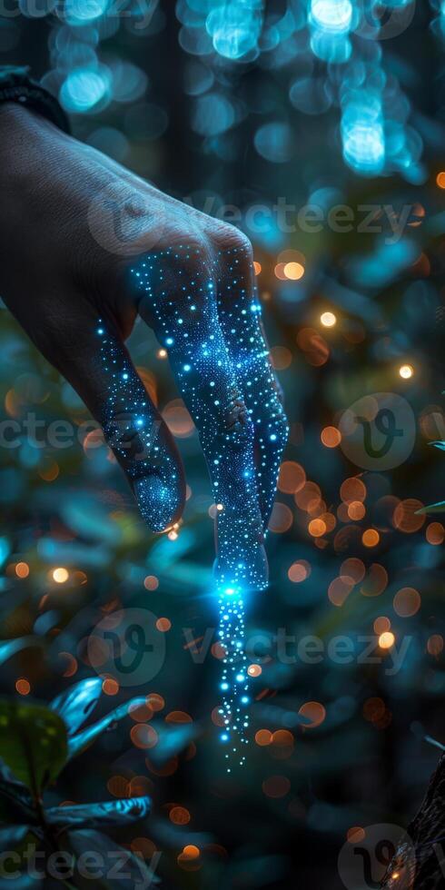 Close up of a hand with blue lights emitting from it photo