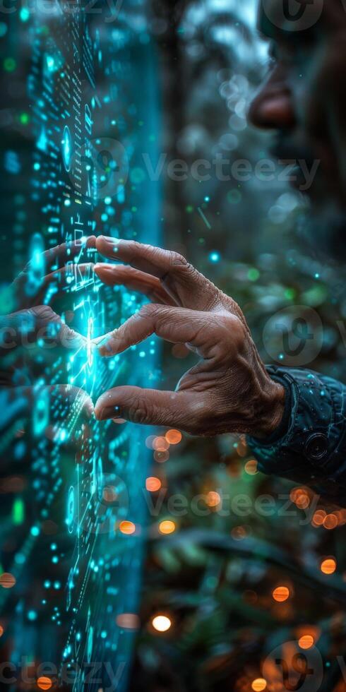A persons hand is reaching out to touch a digital screen in the darkness photo