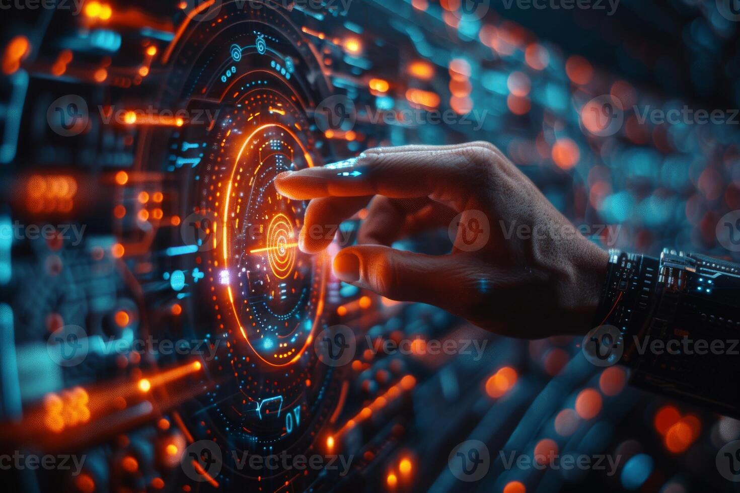 A hand presses a button on a modern digital display photo