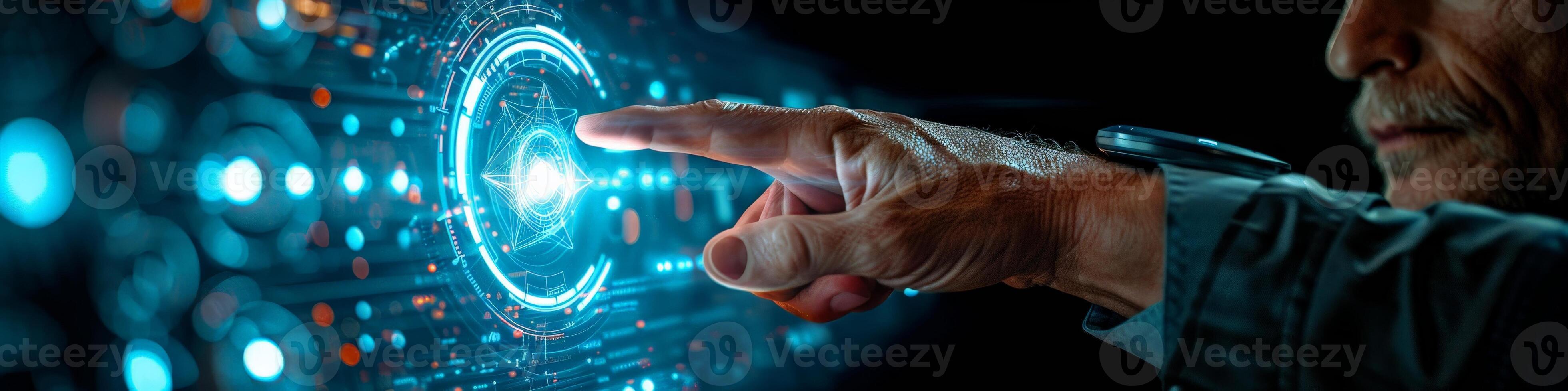 In the image, a male individual is using his finger to push a button on a screen photo