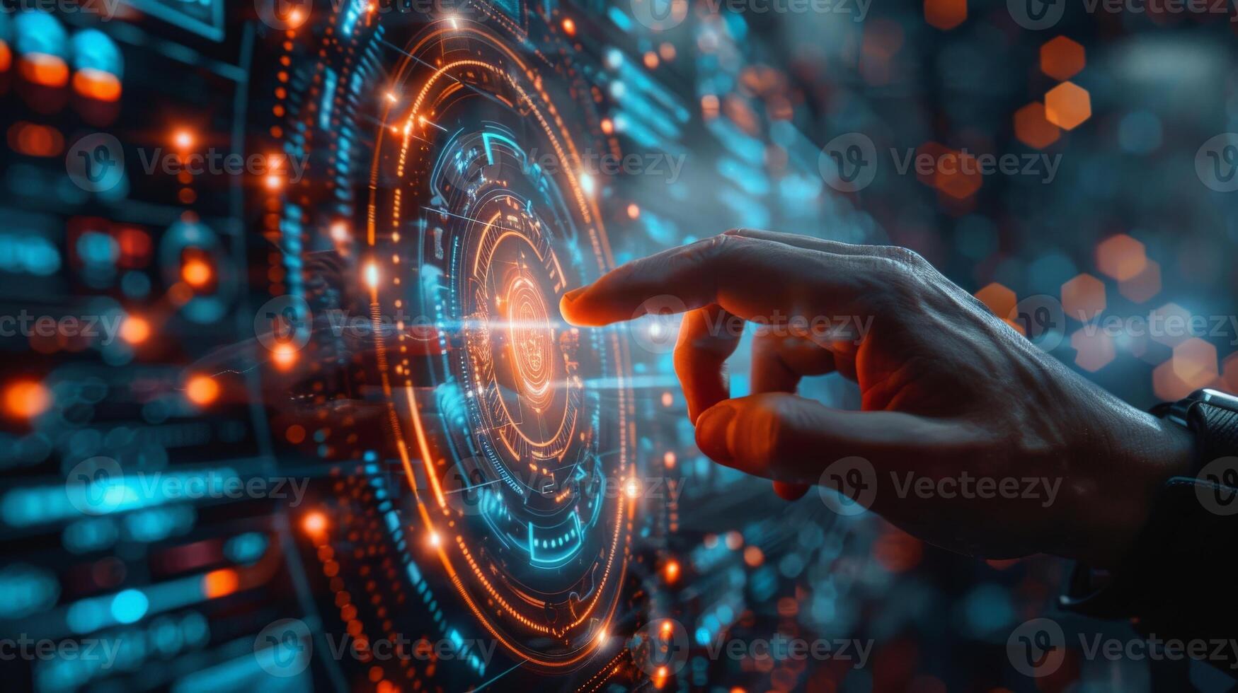 A person interacts with a futuristic screen, touching it with their finger photo