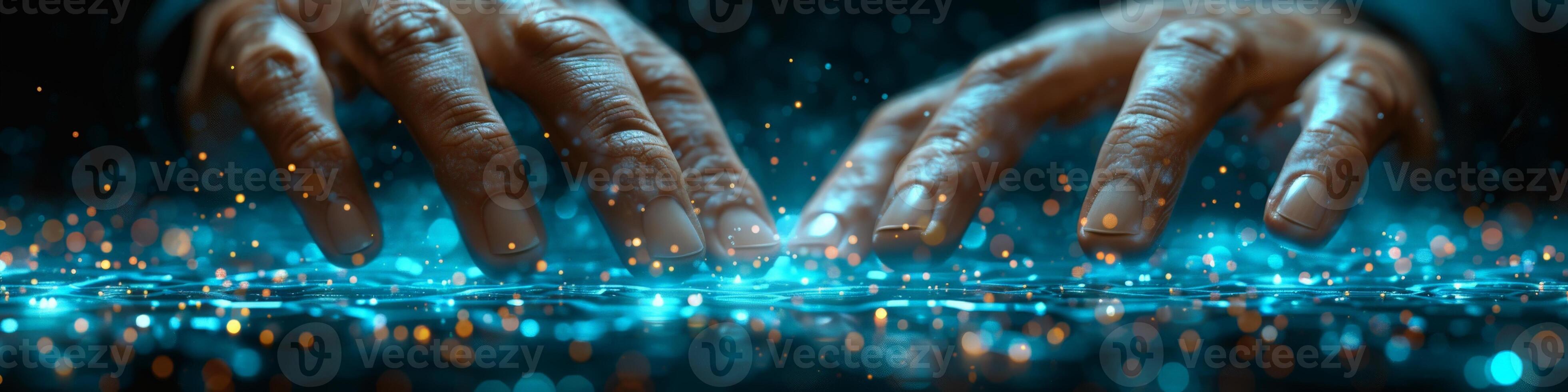 Futuristic scene of hands typing on a digital keyboard with a glowing user interface photo