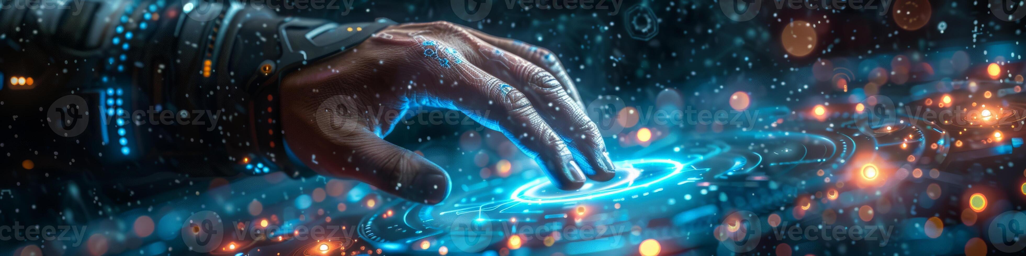 In the image, a hand is operating a button on a hightech display photo