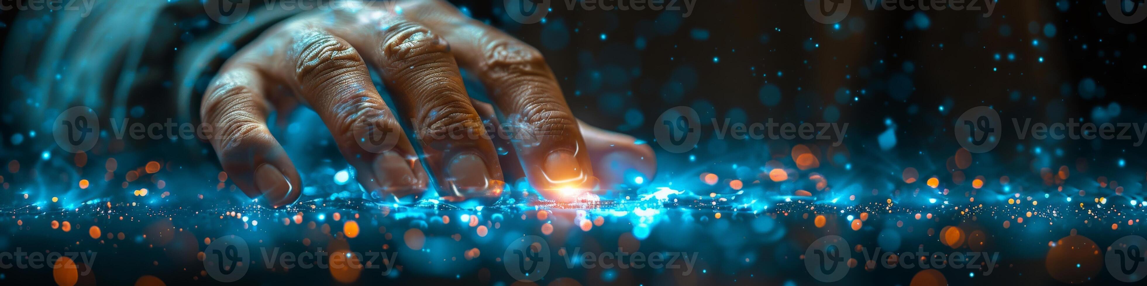 A person s hand pressing a button on a computer screen photo