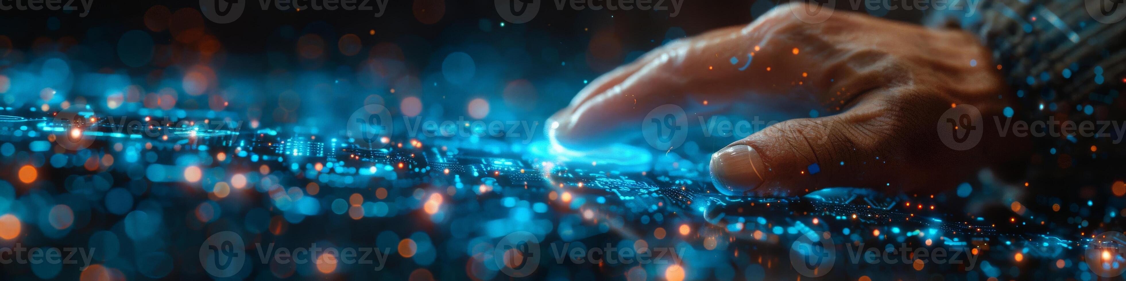 On the computer screen, a hand is seen pressing a button photo