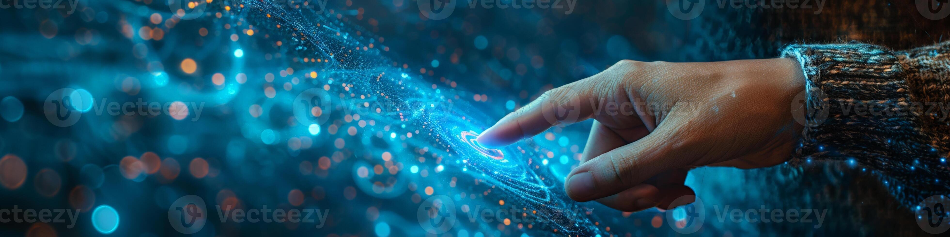 Hand presses button on screen with keywords Water, Liquid, Azure, Fluid.. photo
