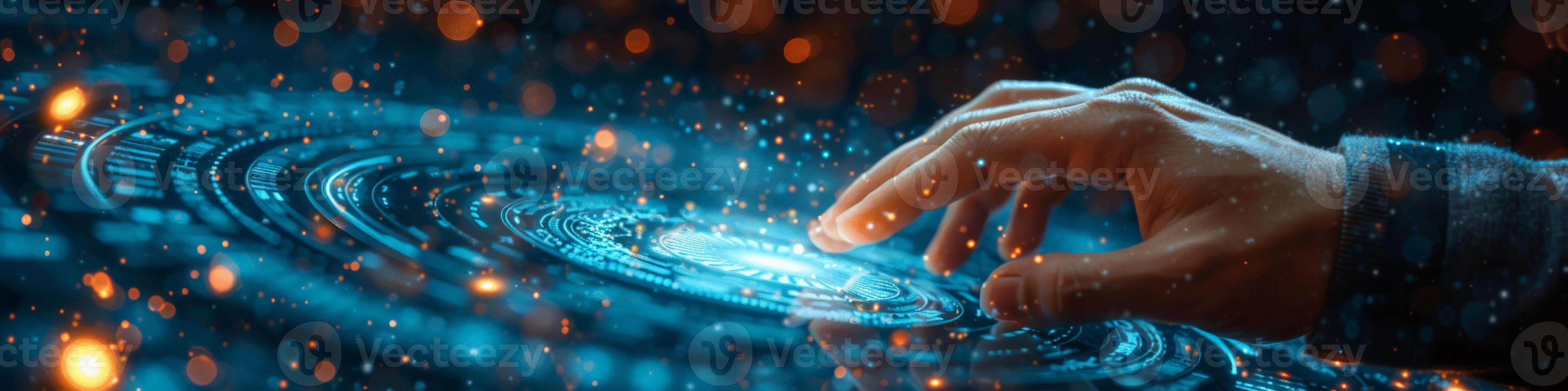 A person is using their hand to press a button on a digital screen photo
