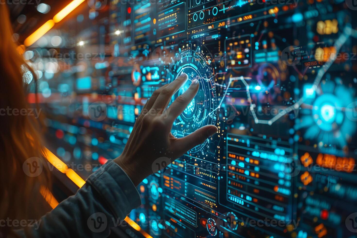 A woman is interacting with a modern display using her finger photo