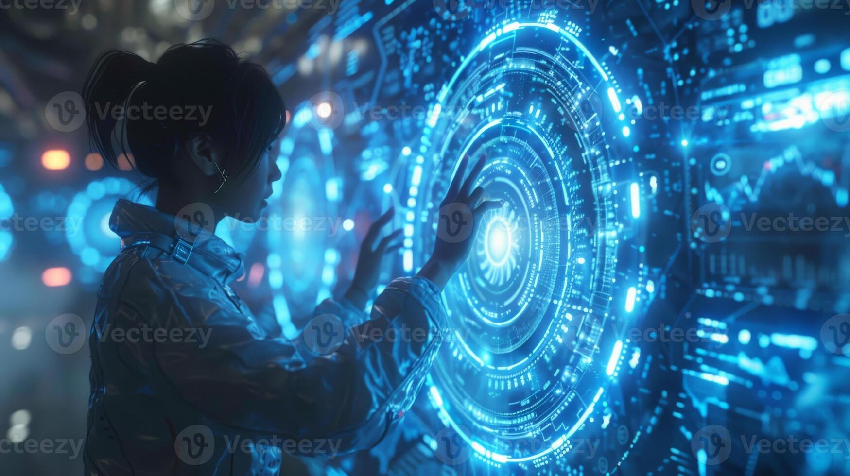 A woman is using her finger to interact with a modern touch screen photo