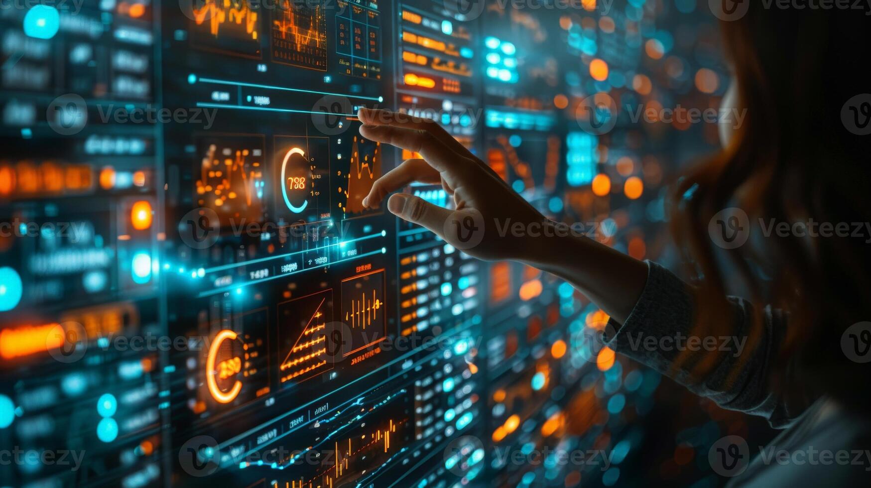 A person is using a futuristic screen and pressing a button to interact with it photo