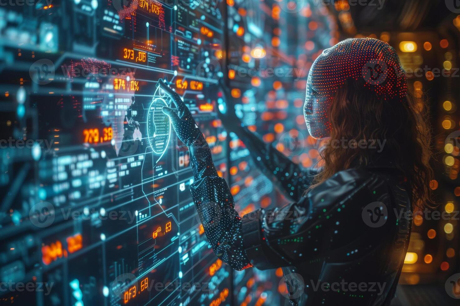 Woman in front of computer surrounded by urban elements and technology photo