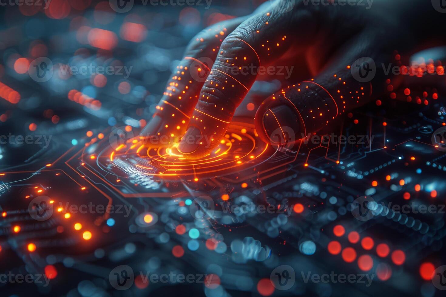 A person interfaces with a hightech display using their fingertip photo