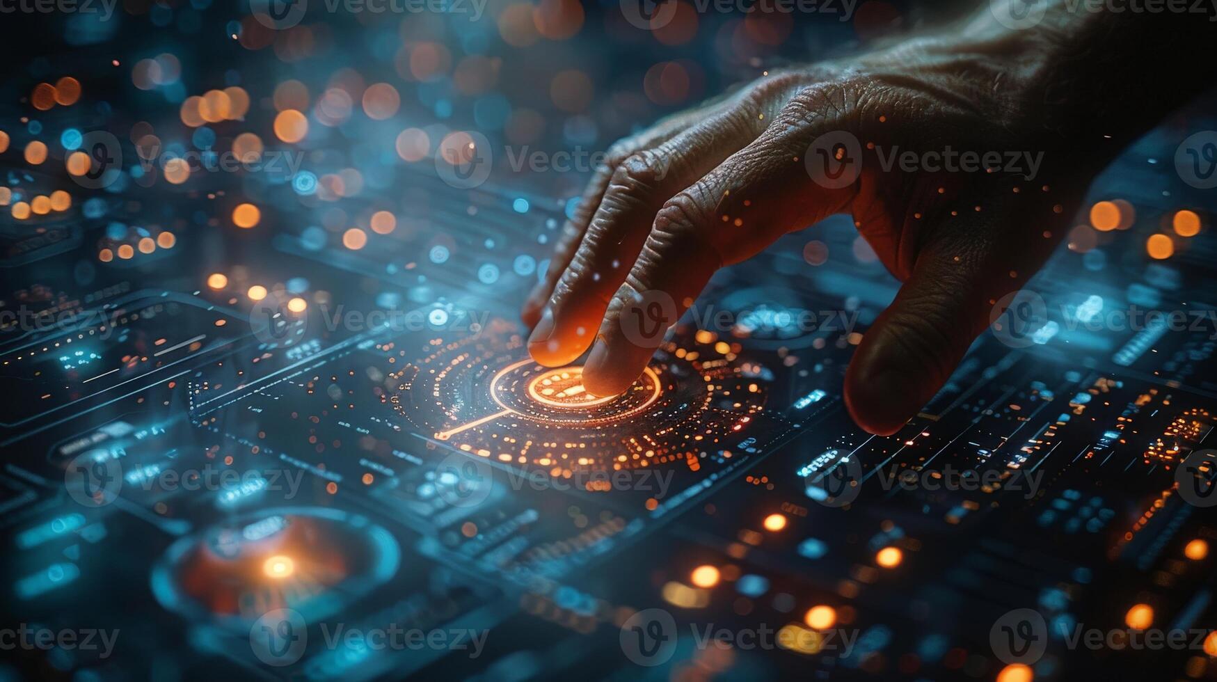 A hand presses a button on a modern screen, set in the future photo
