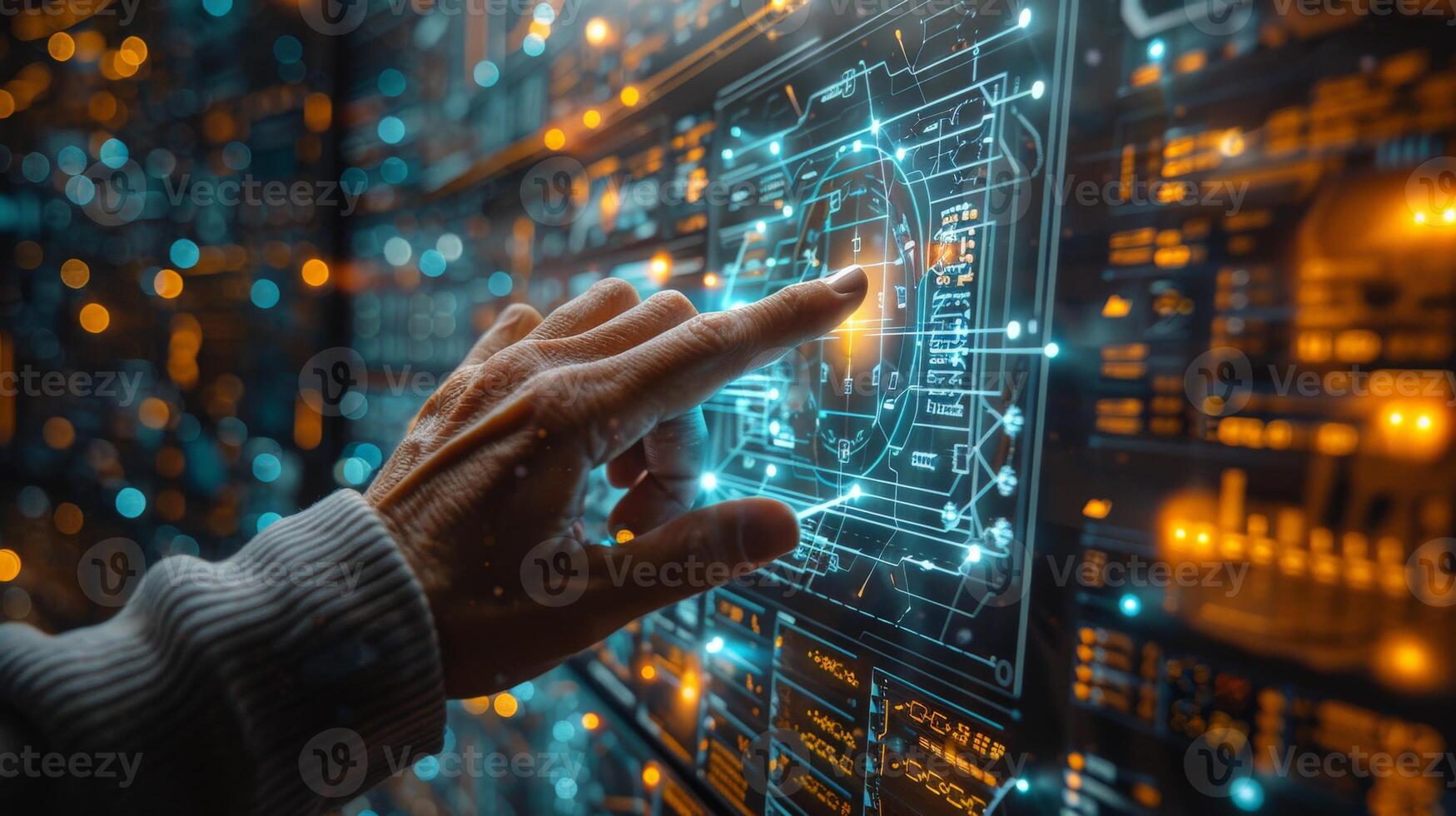 Person gesturing on hightech screen in server room with cityscape backdrop photo
