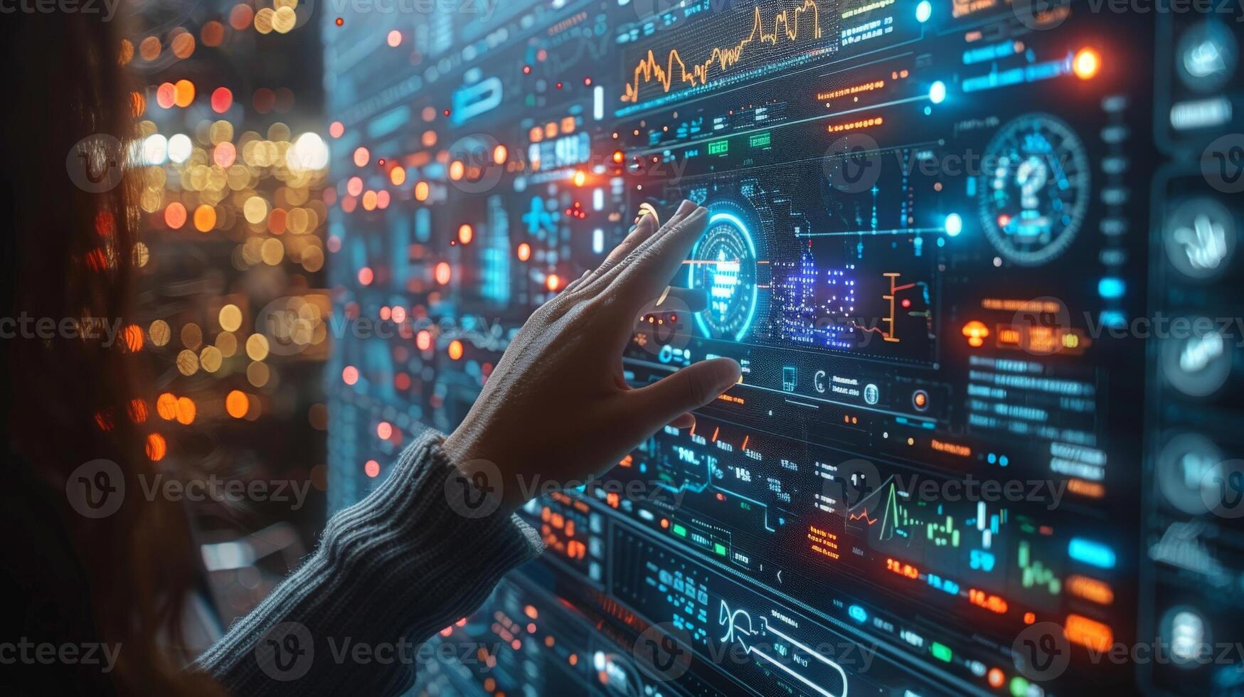 A futuristic screen is being interacted with by a person using their finger photo