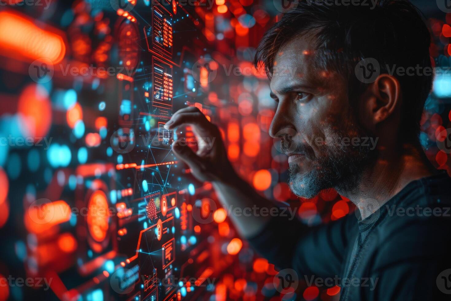 In a dimly lit space, a gentleman gazes at a computer display photo