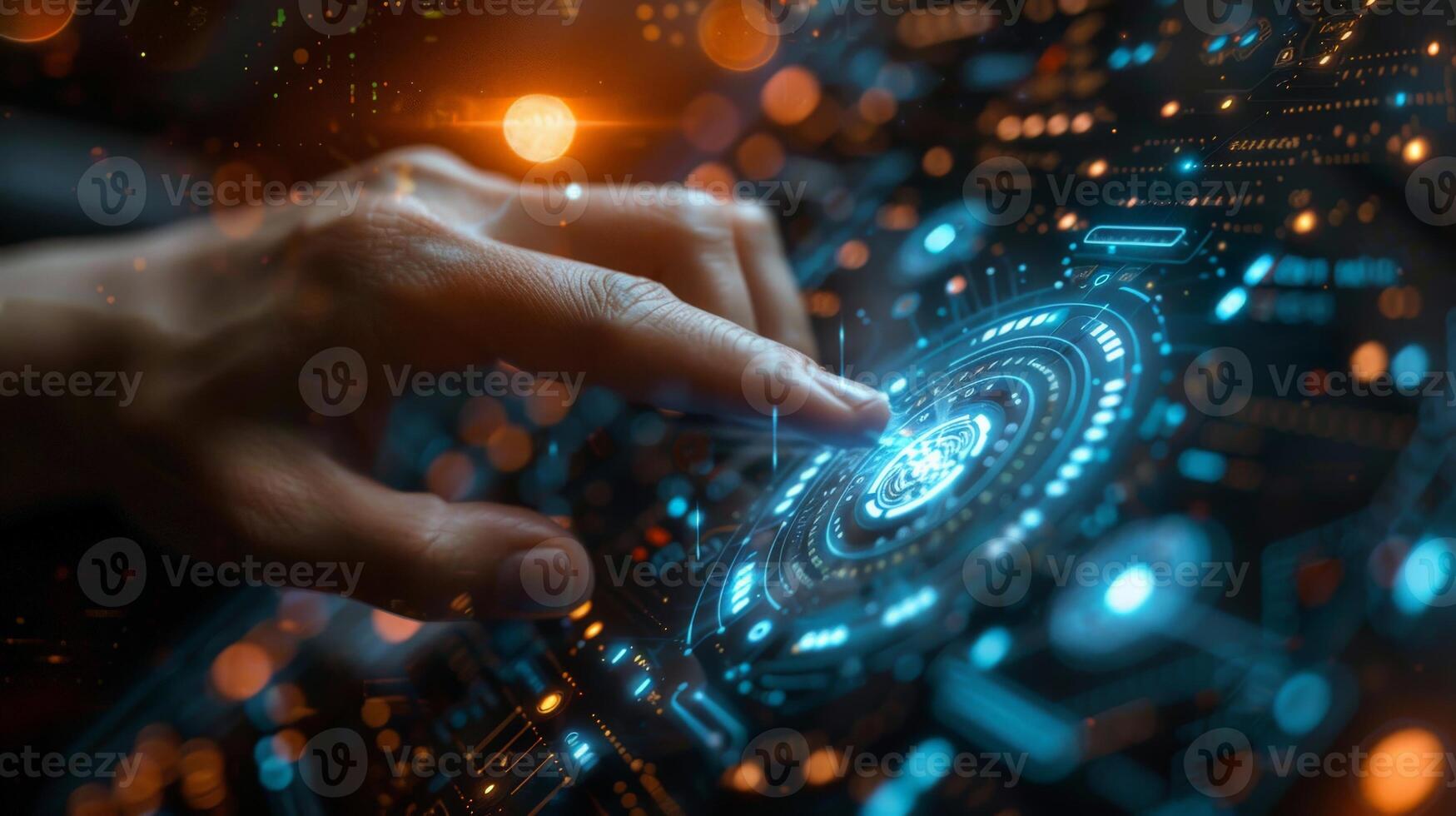 A person interacts with a futuristic screen by touching it with their finger photo