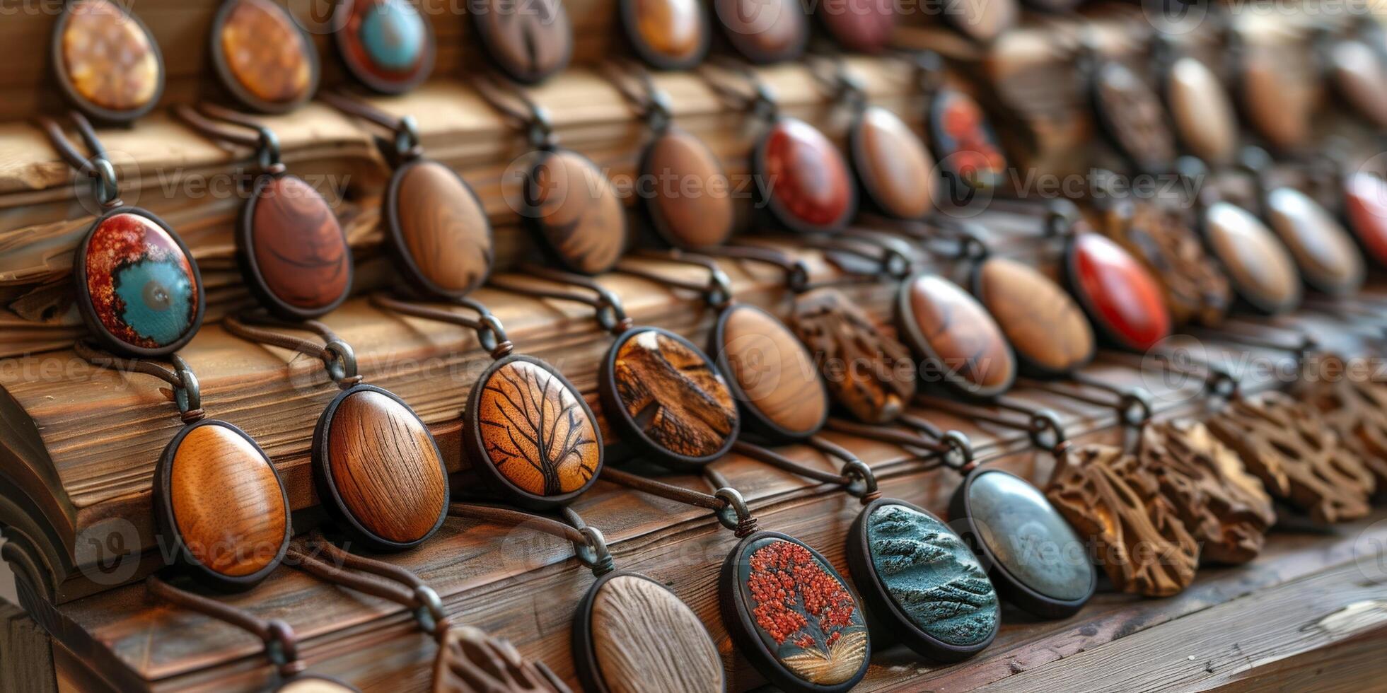 Wooden necklaces are displayed on a rustic wooden table photo