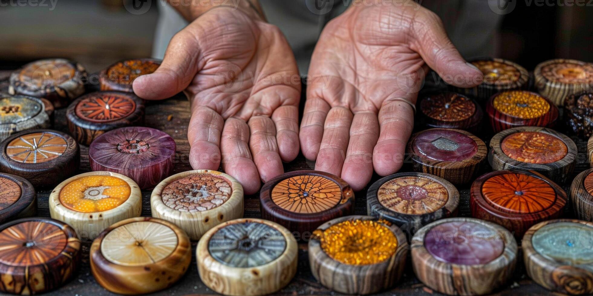 A person is holding a collection of round wooden pieces in their hands photo