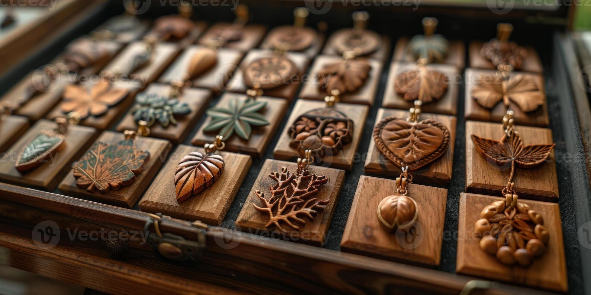 A wooden box overflowing with a diverse assortment of wooden pendants photo