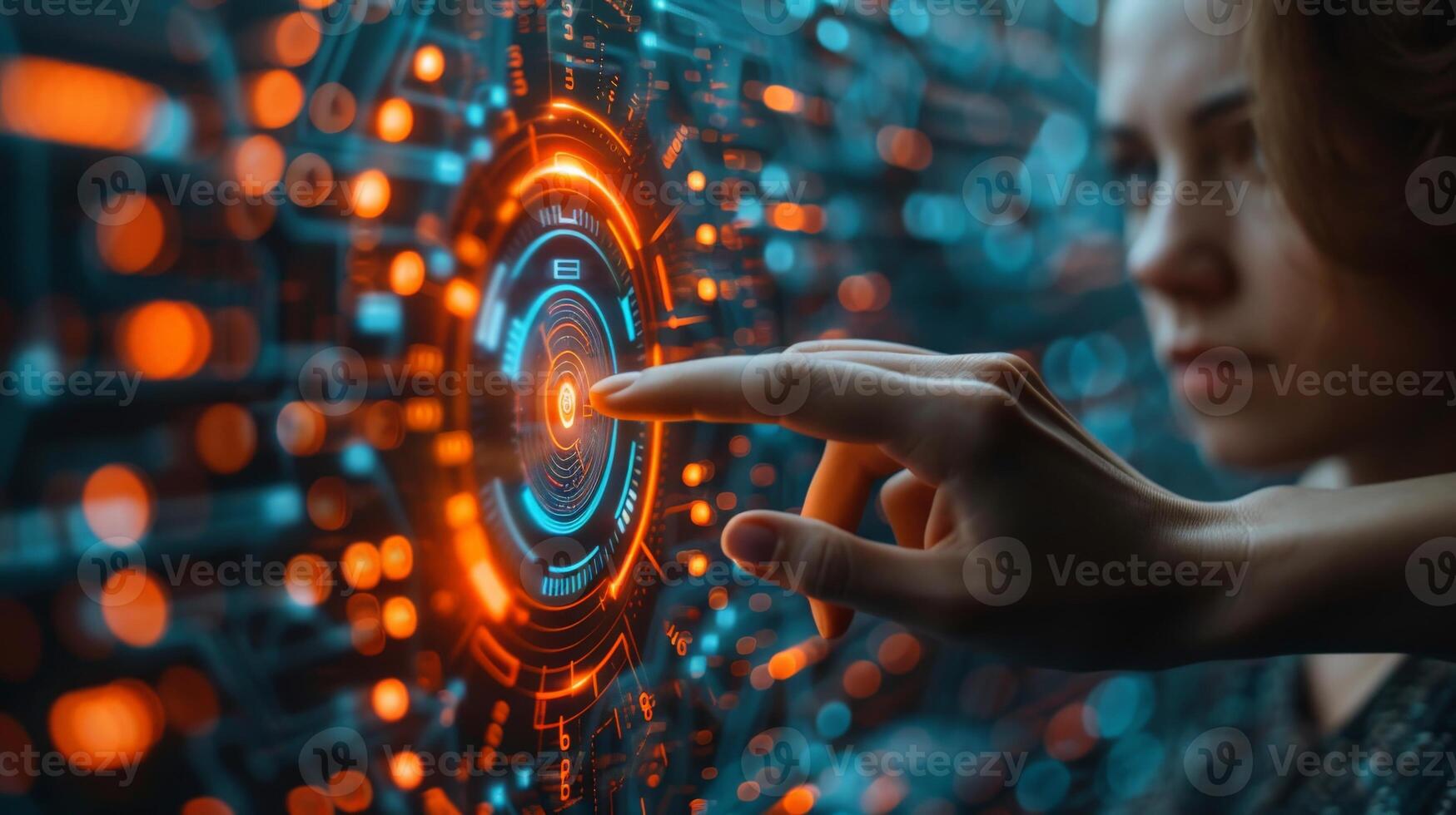 A woman is interacting with a hightech display using her finger photo