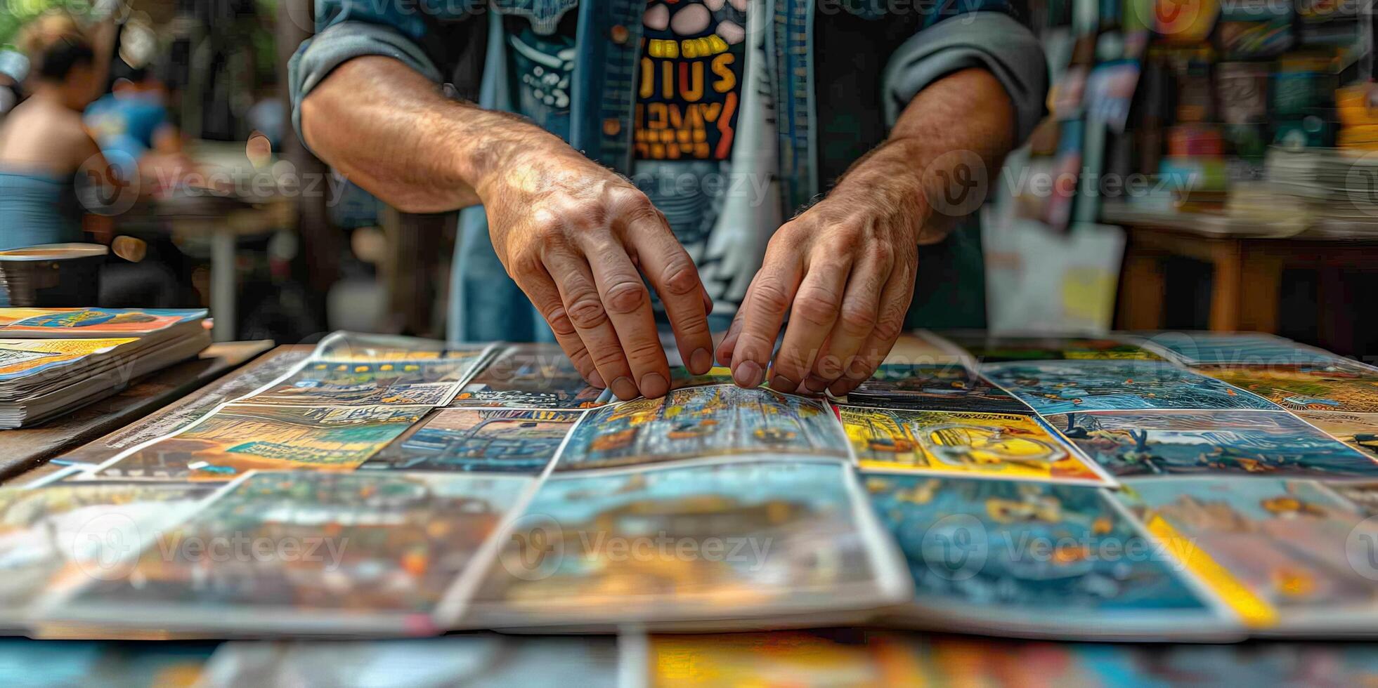 A man is assembling a jigsaw puzzle on a table at home photo