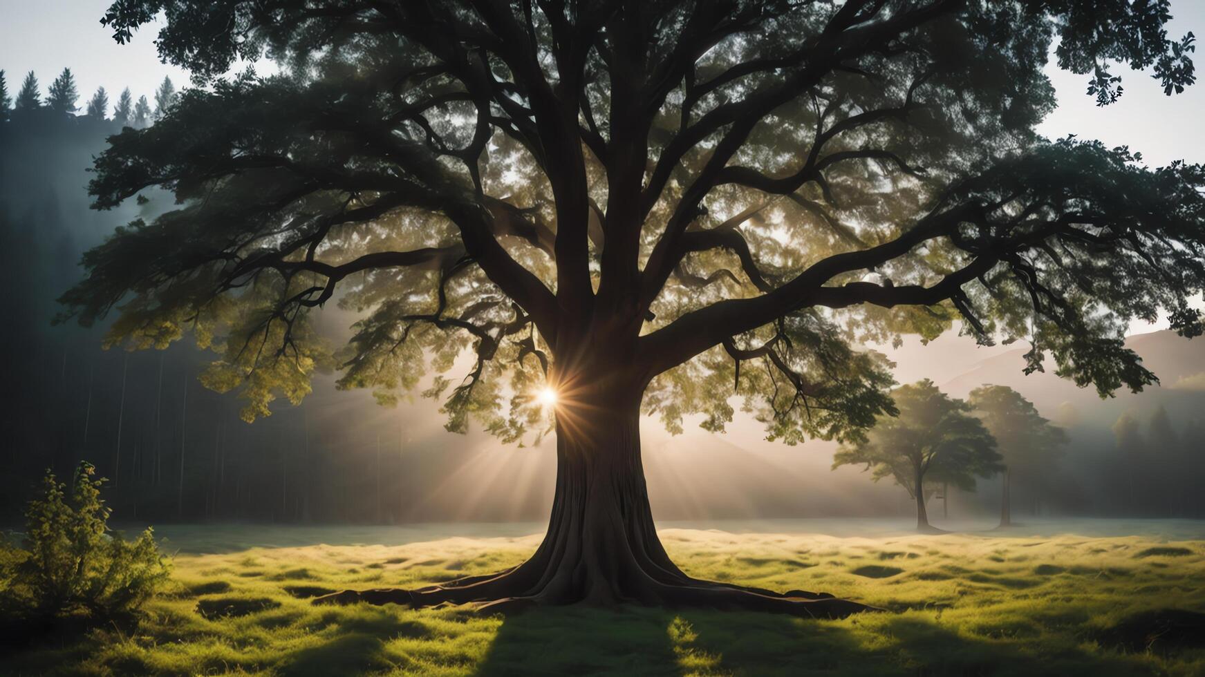 a large tree in the middle of a foggy forest photo