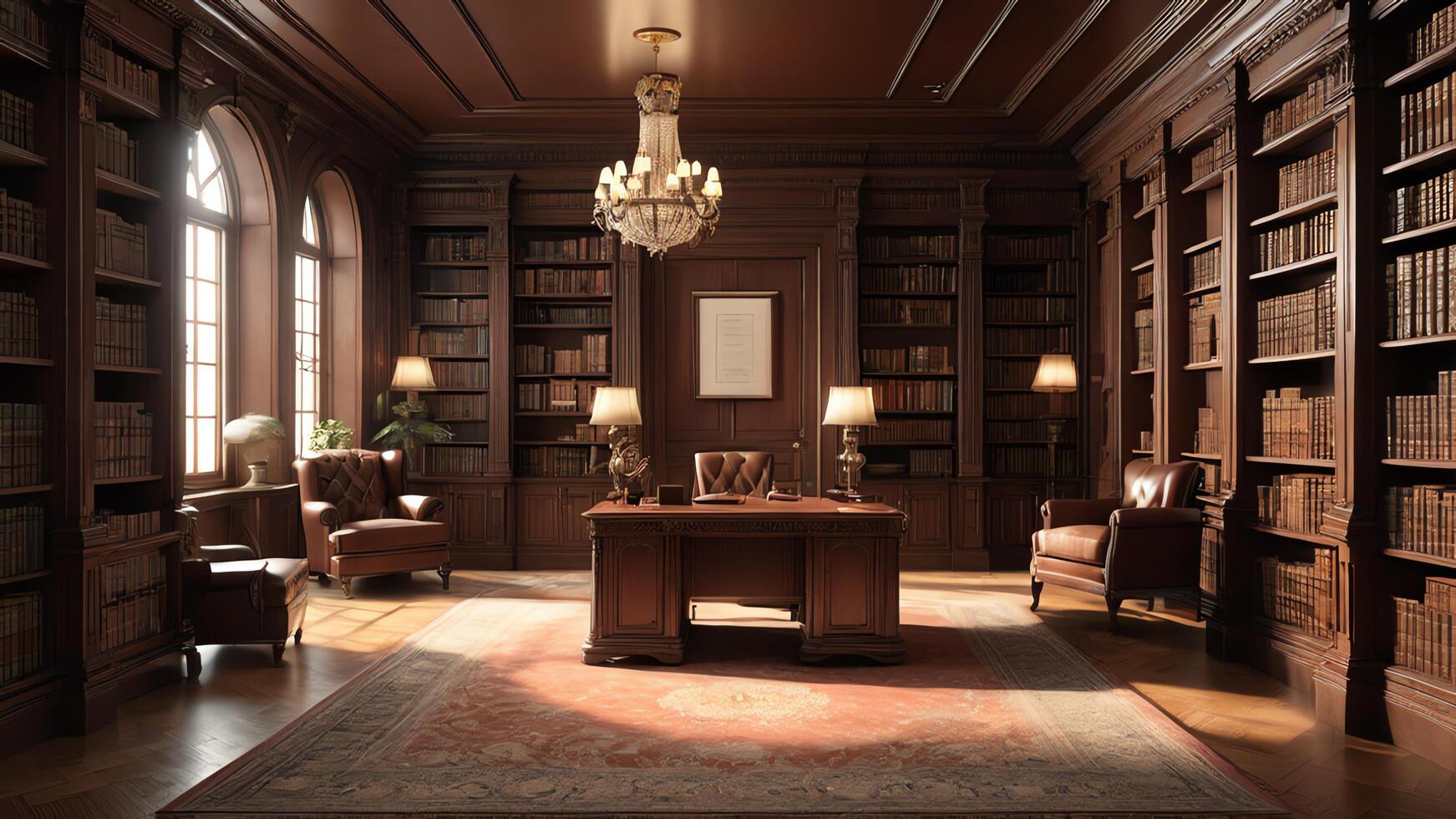 a library with a desk and chairs in it photo