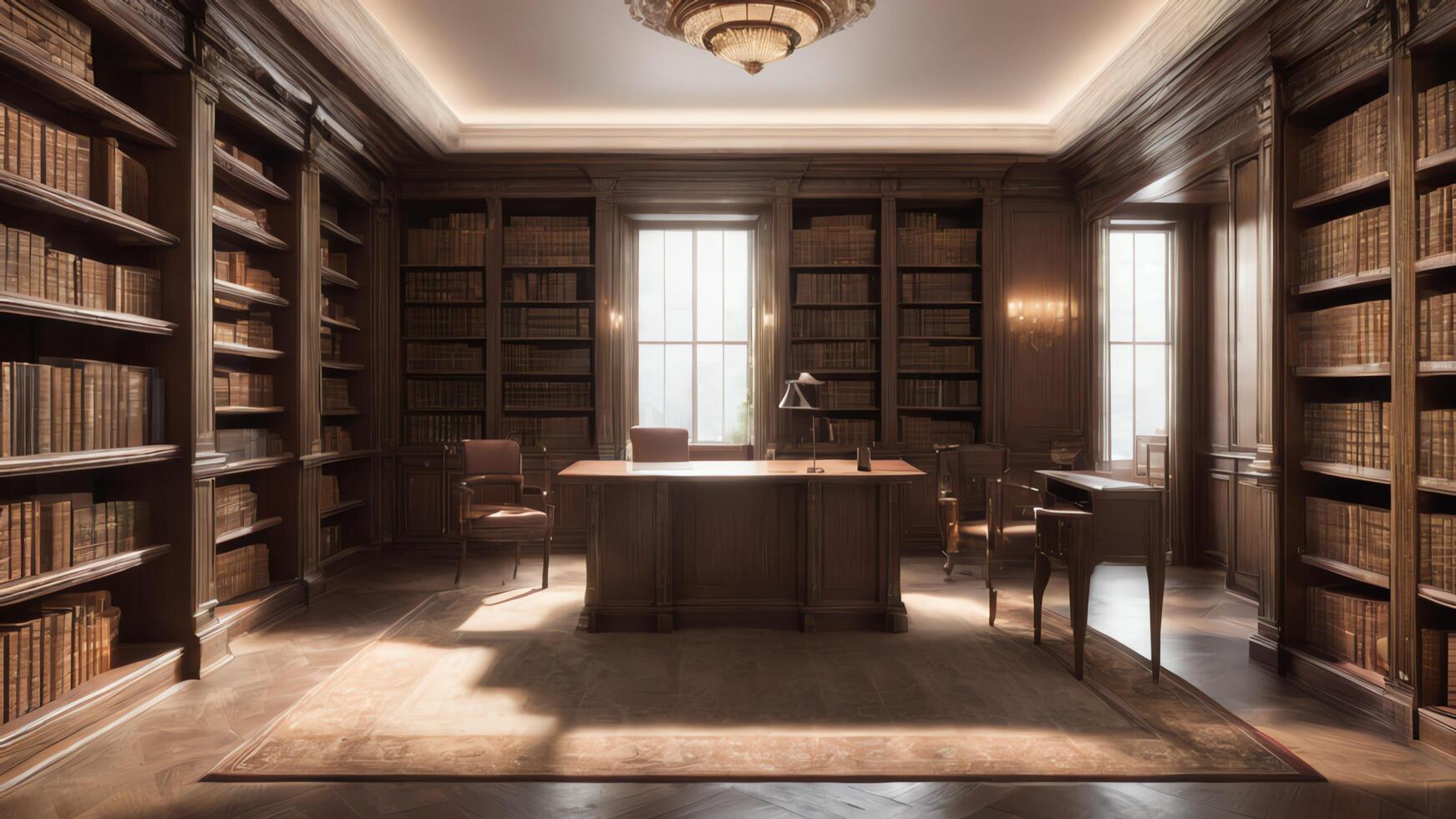 a library with a desk and chairs in it photo