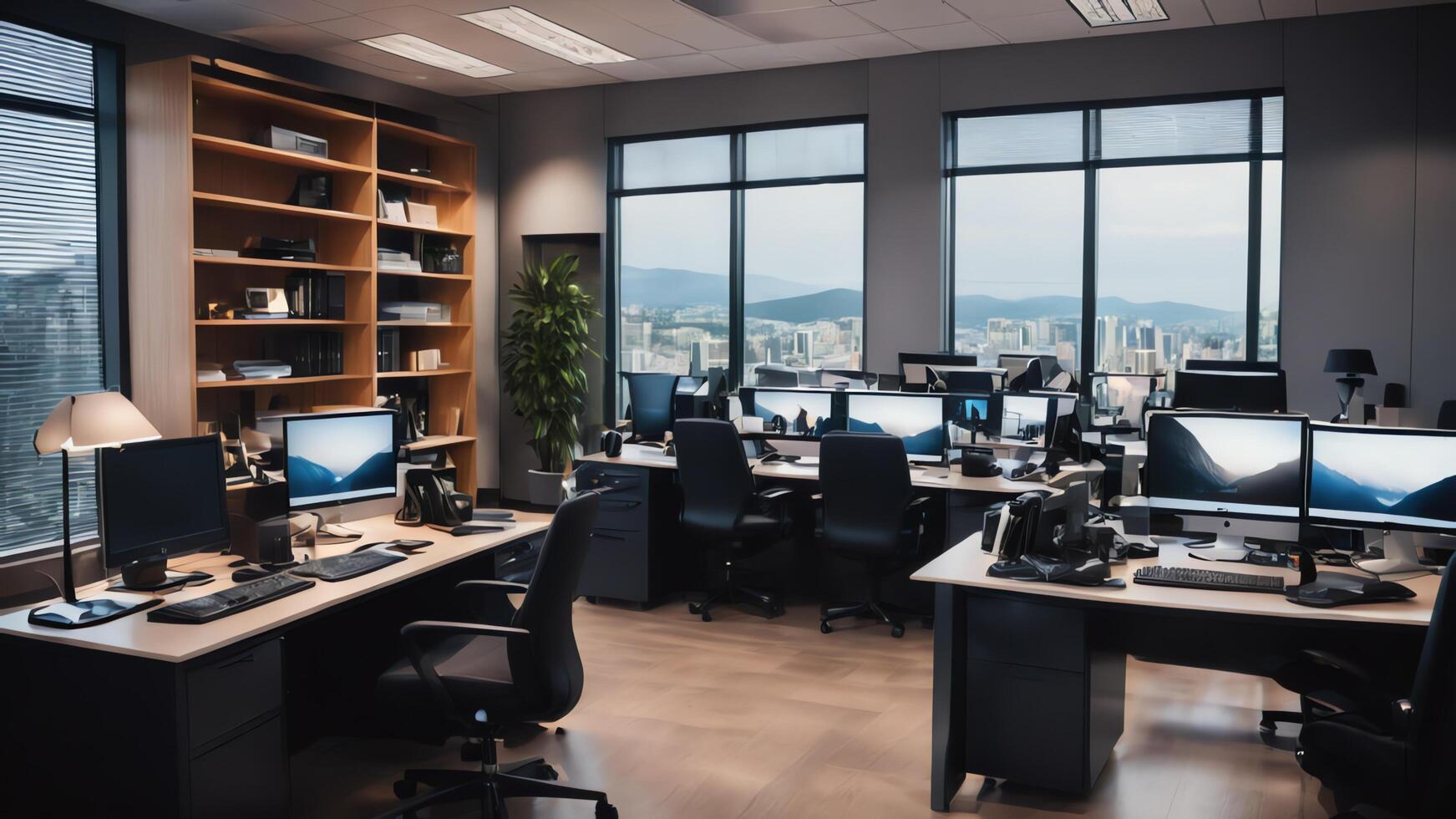 modern office with desk and chairs in front of a window photo