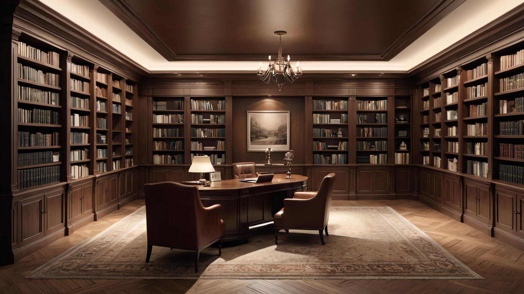 a library with a desk and chairs in it photo